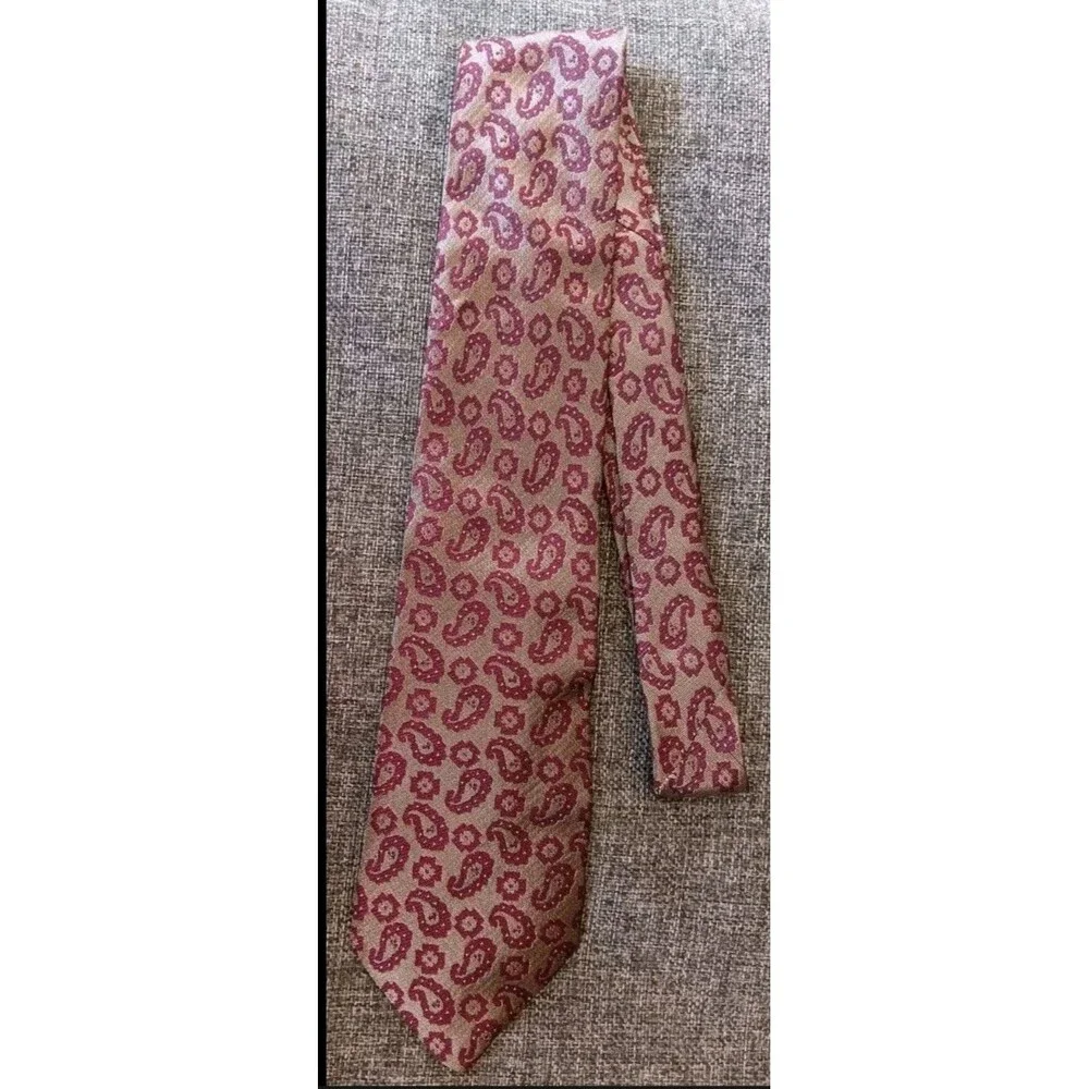 Dress Tie 70s 80s 90s Y2K Mens Taupe With Red Paisley 3.5 Wide